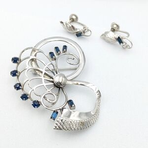 Vintage Bond Boyd Sterling Silver Brooch and Earrings Set with Blue Rhinestones